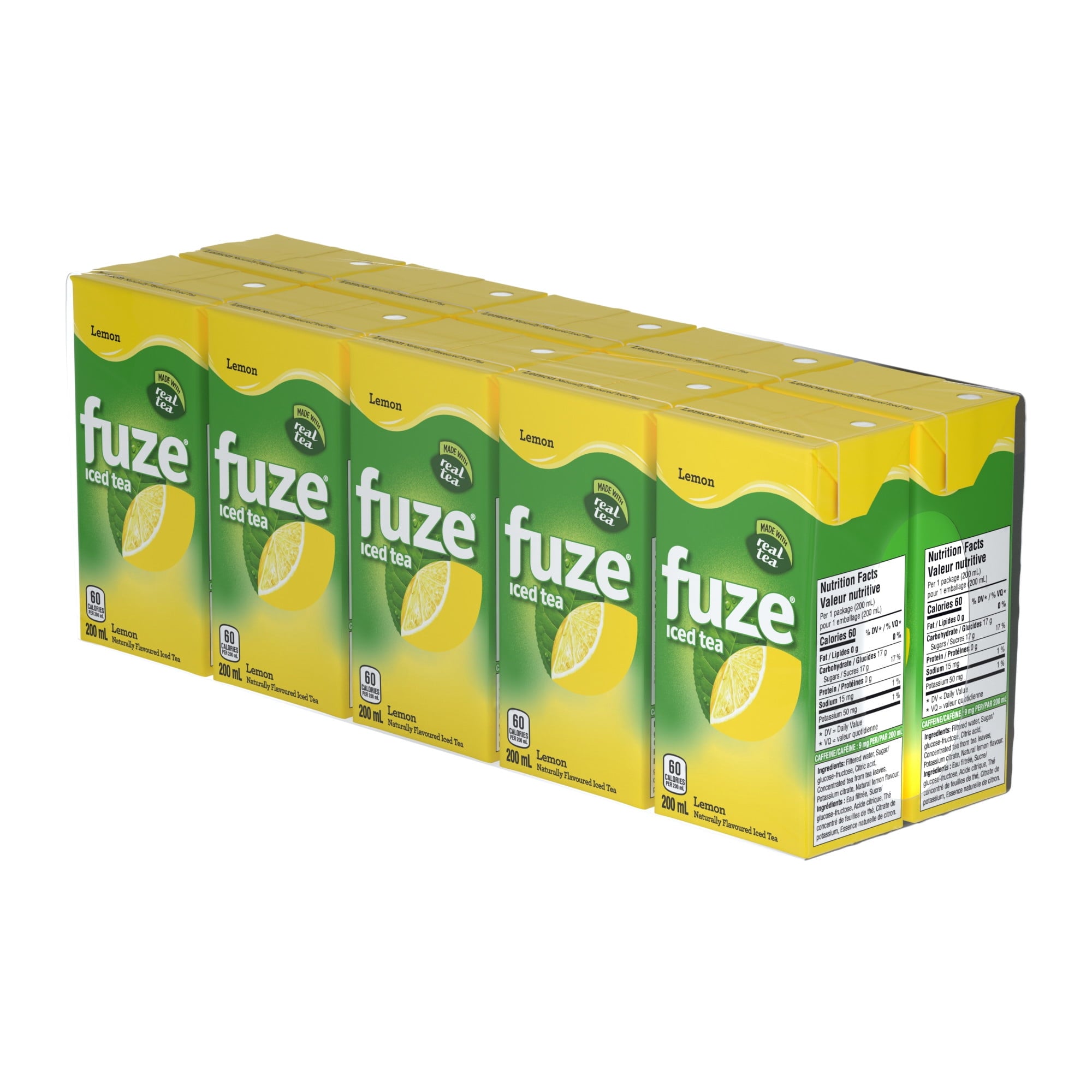 Pack of fuze lemon iced tea boxes on a white background