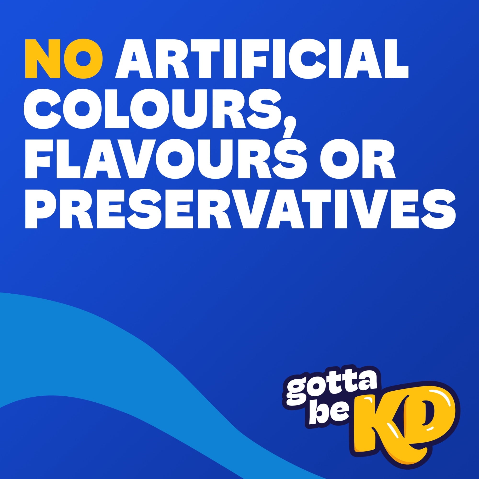 Blue background with white text stating 'No artificial colours, flavours or preservatives' and a logo on the right.