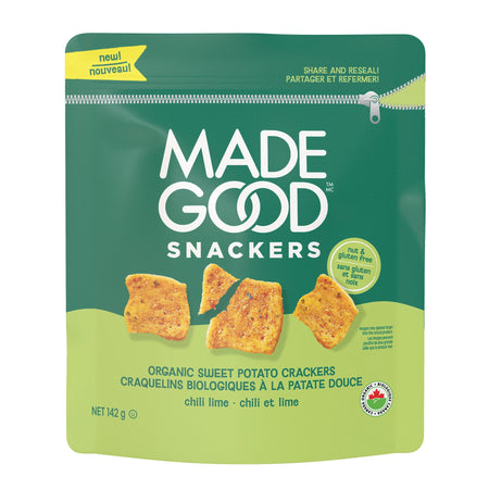 Green package of Made Good Snackers organic sweet potato crackers with images and text on a white background