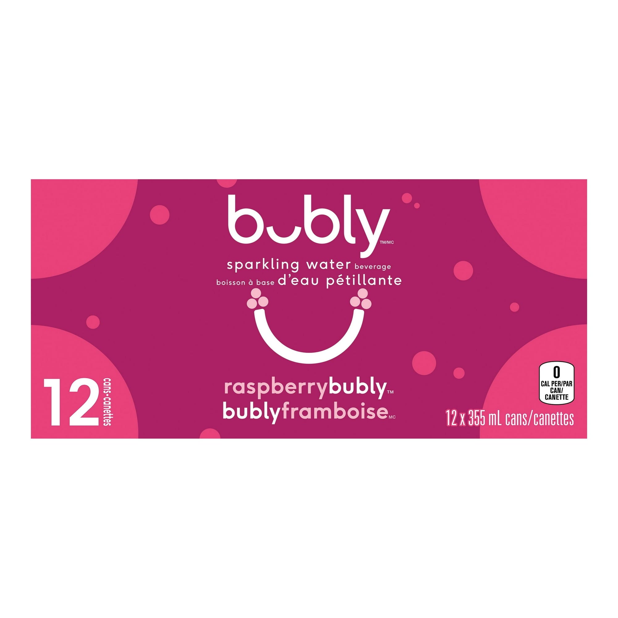 Bubly Raspberry Sparkling Water Beverage, 12x355ml cans, 4.26L/144 oz in English and French
