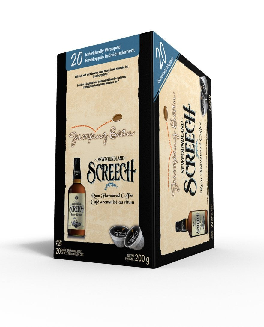 Jumping Bean Newfoundland Screech, Rum Flavoured 100% Compostable Coffee Pods 20ct Individually Wrapped, Imported from Canada