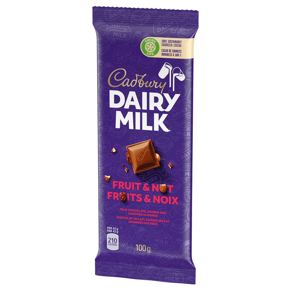 Cadbury Dairy Milk Chocolate Bar, Fruit & Nut Flavour, 100g/3.5oz per Bar, (3 Pack) {Imported from Canada}