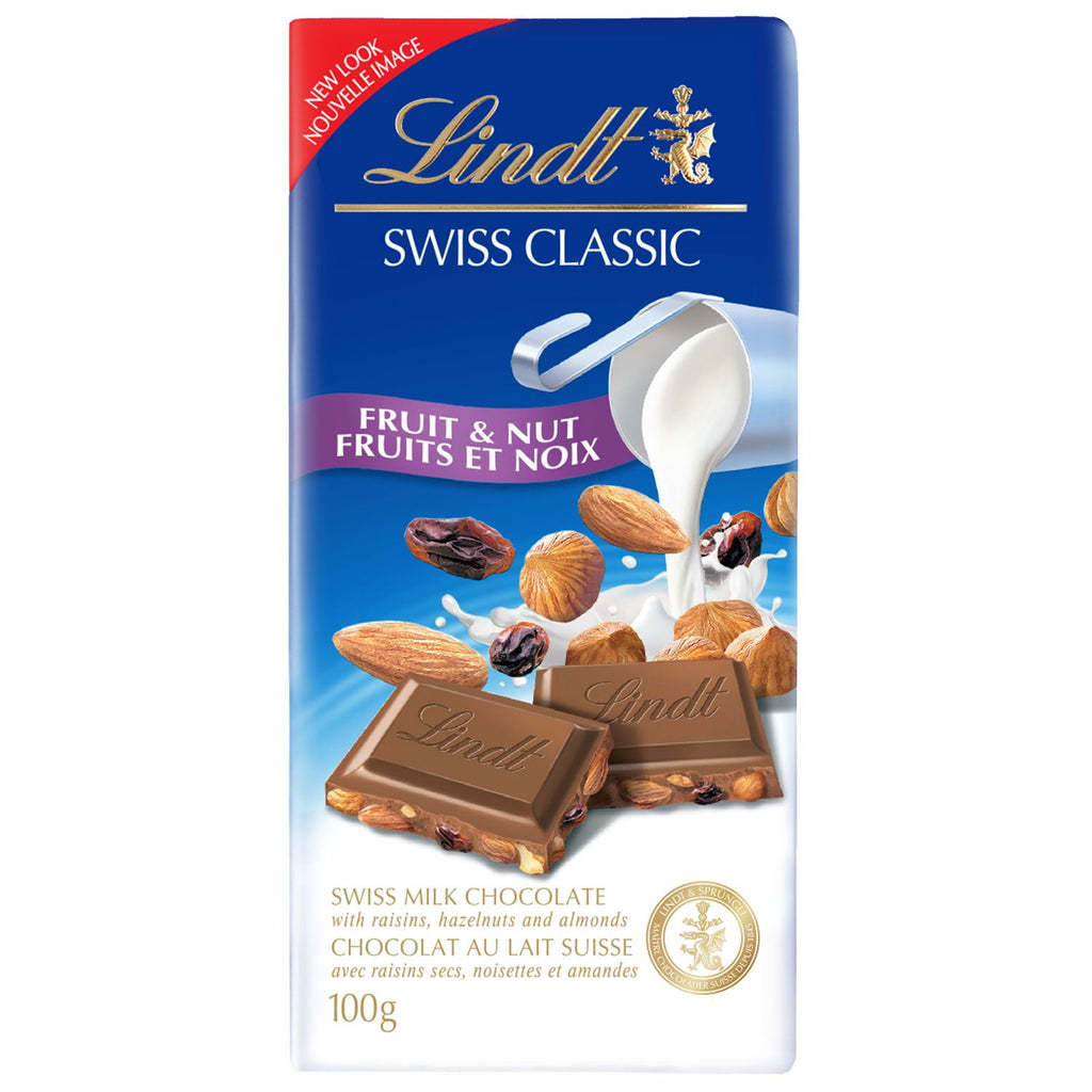 Lindt Swiss Classic Fruit & Nut Milk Chocolate Bar, 100g/3.5 oz. Bar