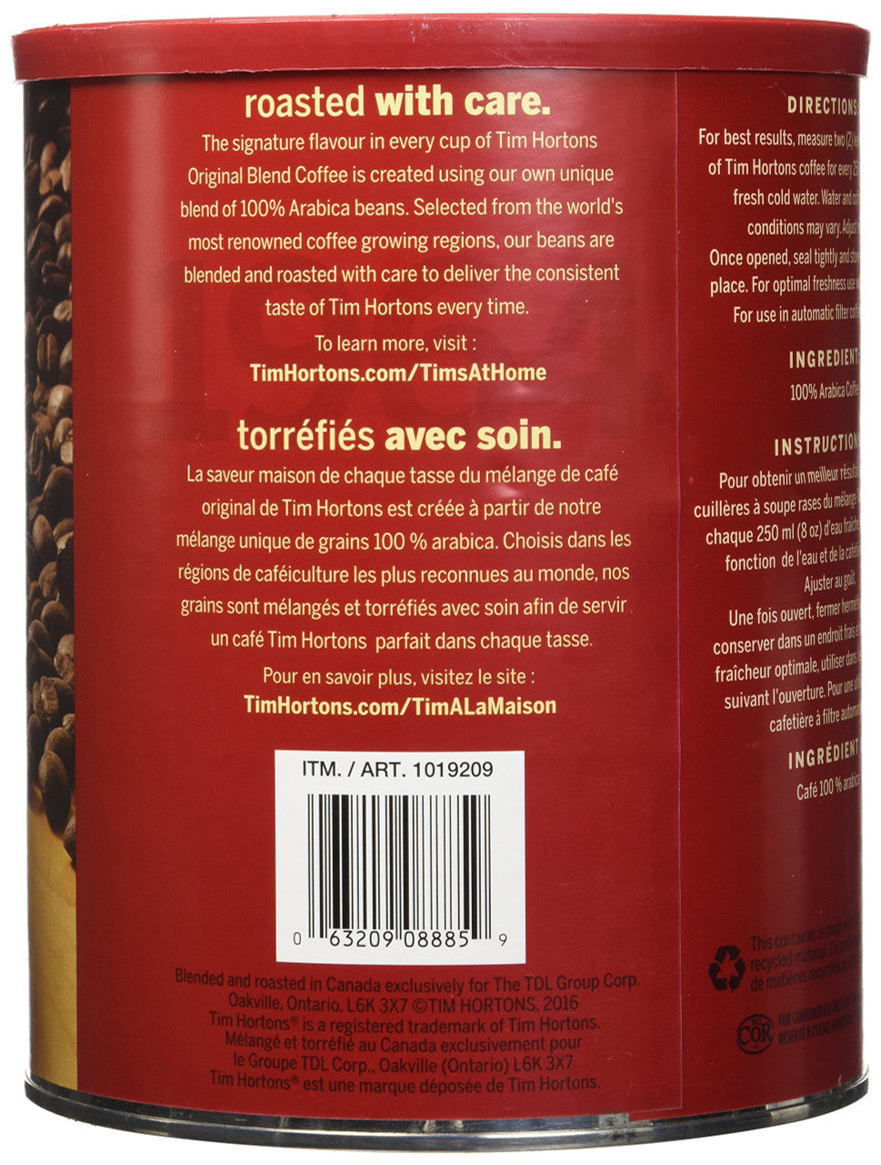 Tim Hortons 100% Arabica Medium Roast Original Blend Ground Coffee, 48 Ounces, 3 Pound Can, {Imported from Canada}