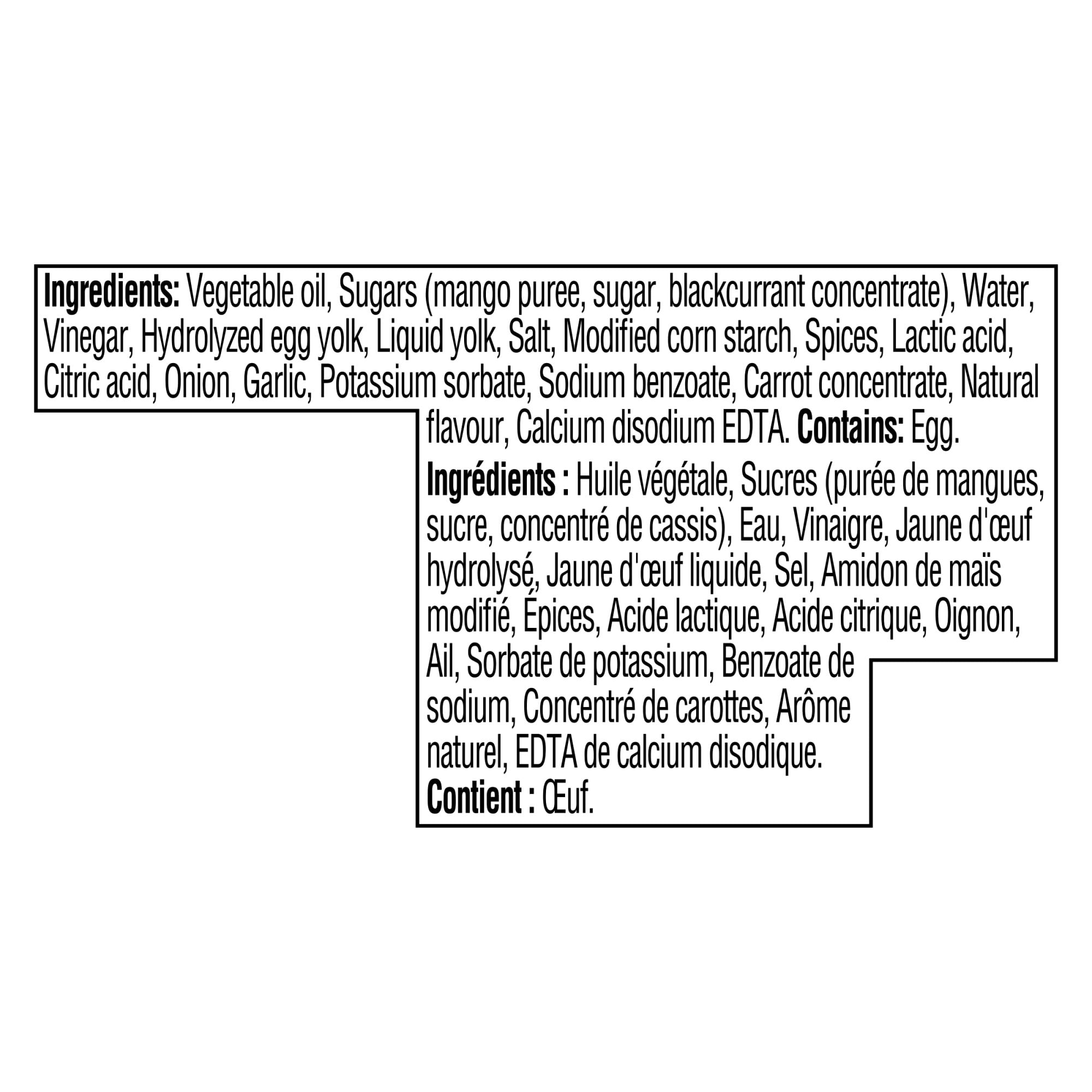 Ingredients list for Heinz Mango Habanero Mayonnaise Sauce, 340ml/11.9 oz on a white background.