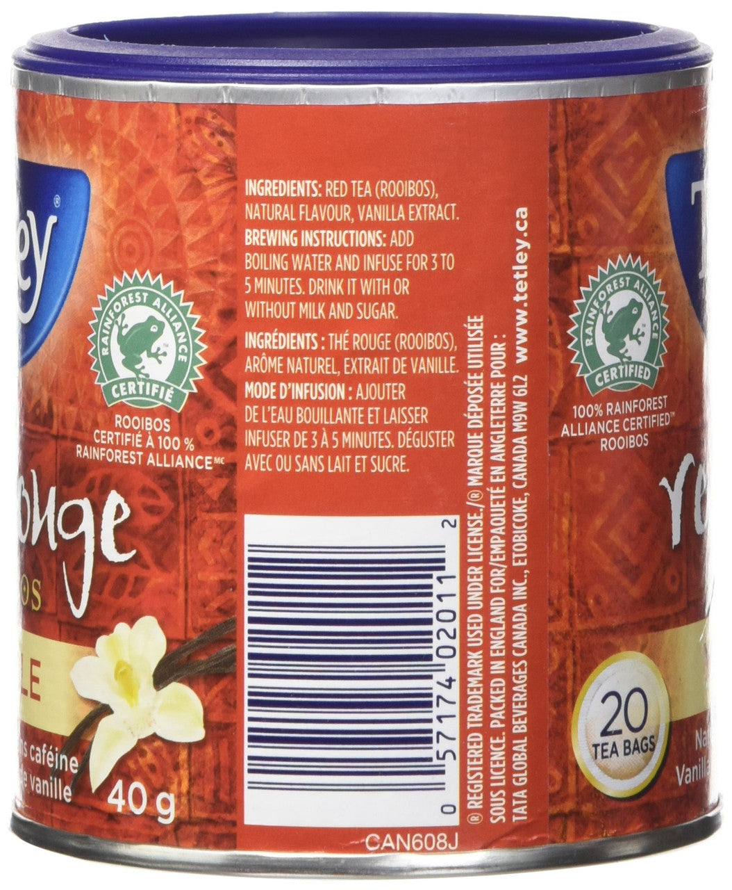 Tetley Tea Rooibos Vanilla (Red-Tea), 20 Tea Bags, 40g/1.41oz, (Imported from Canada)