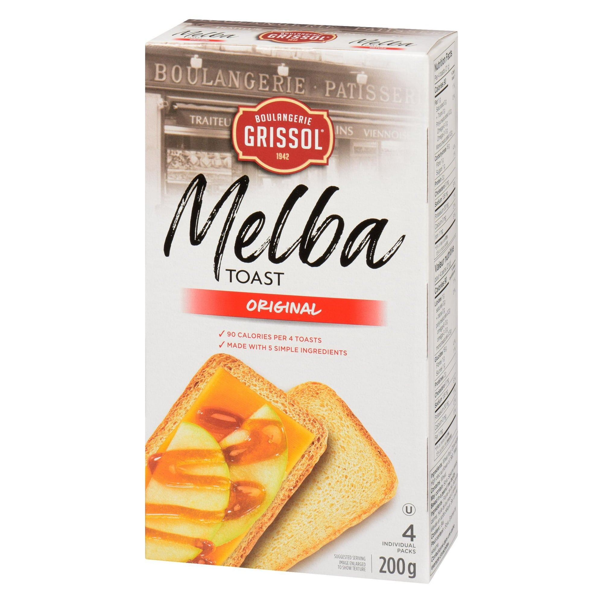 Boulangerie Grissol Melba Toast, Original, 200g, side of box.