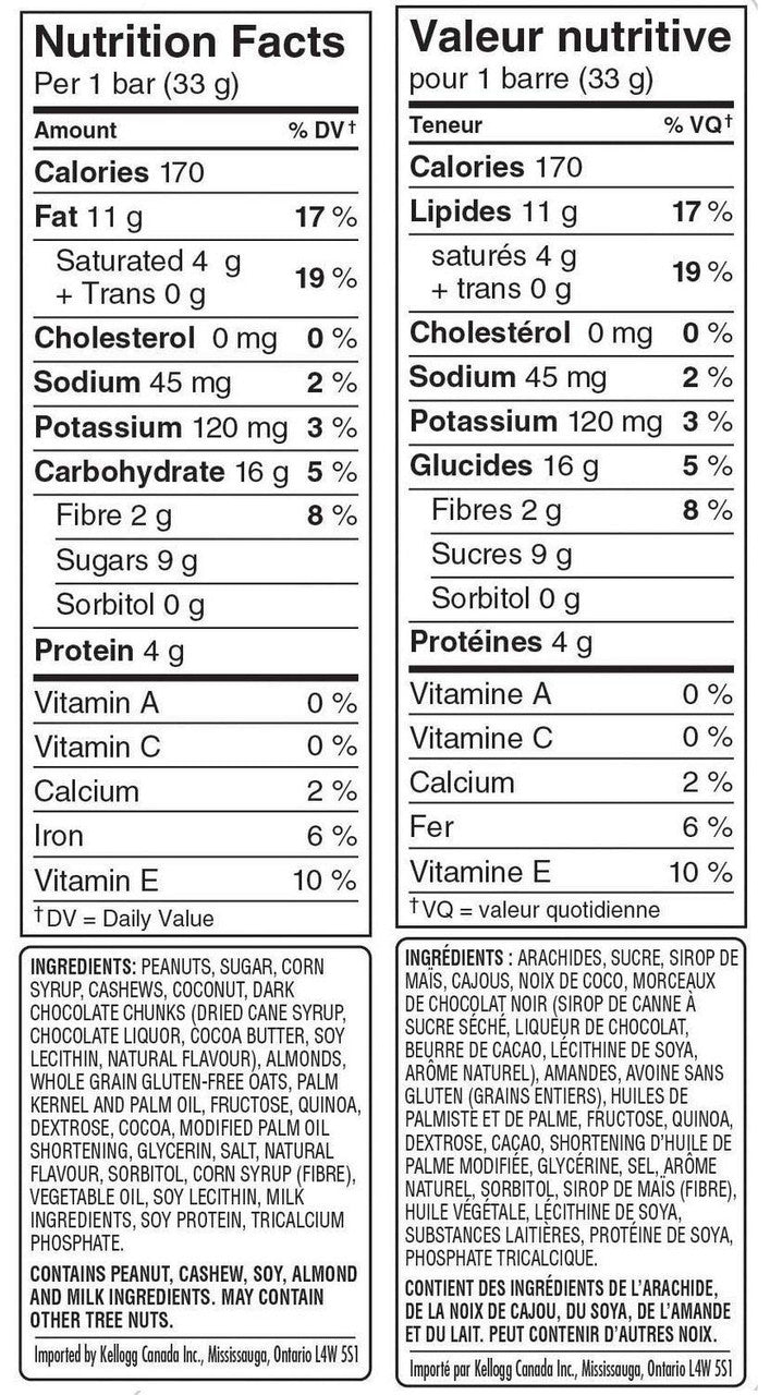 Kellogg's Special K Nourish Bar with Quinoa, Coconut Cashew and Dark Chocolate Chunks, 165g (Imported from Canada)