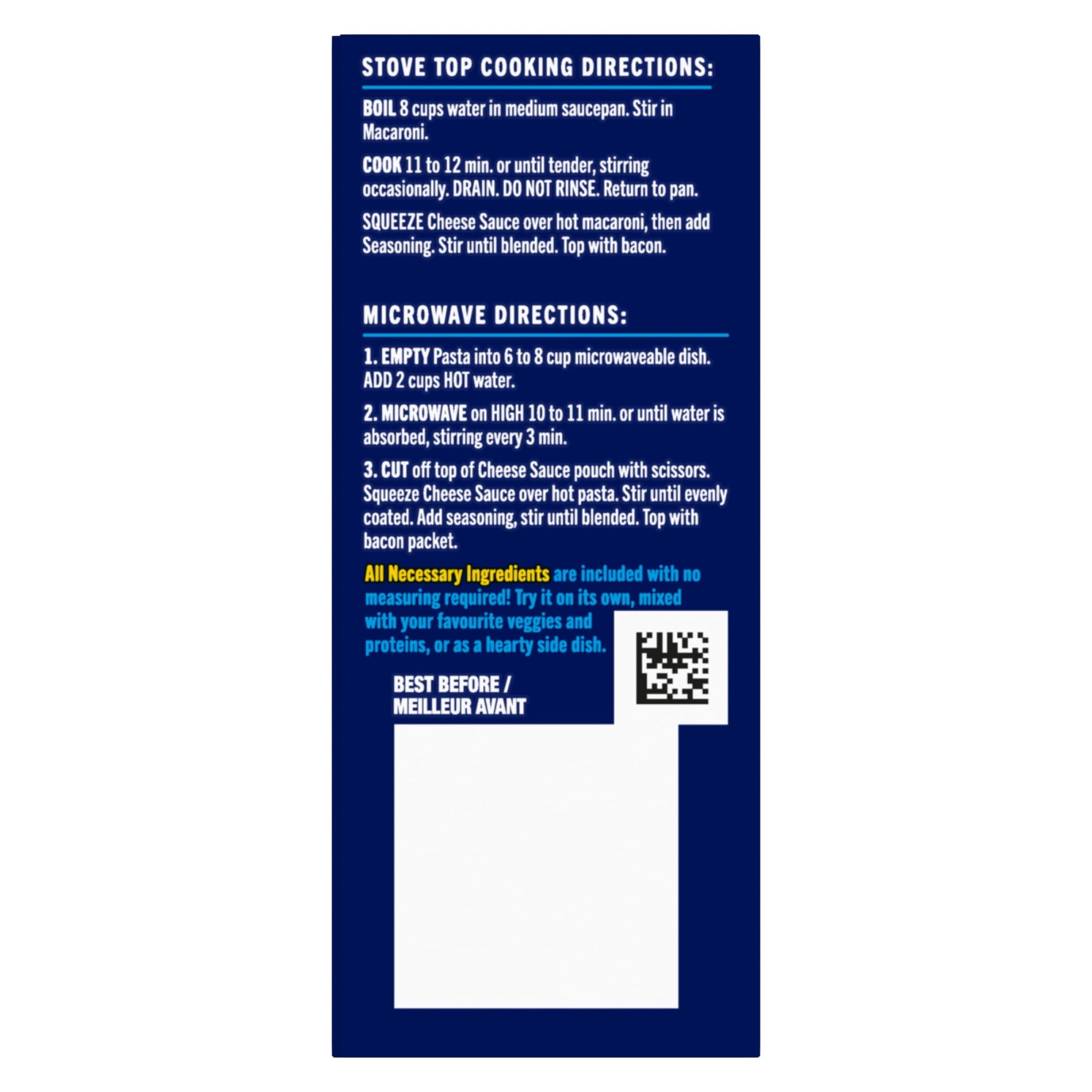 KD Kraft Dinner Deluxe CREAMY SMOKEHOUSE Mac & Cheese, 356g packaging with stove top and microwave cooking directions on a blue background