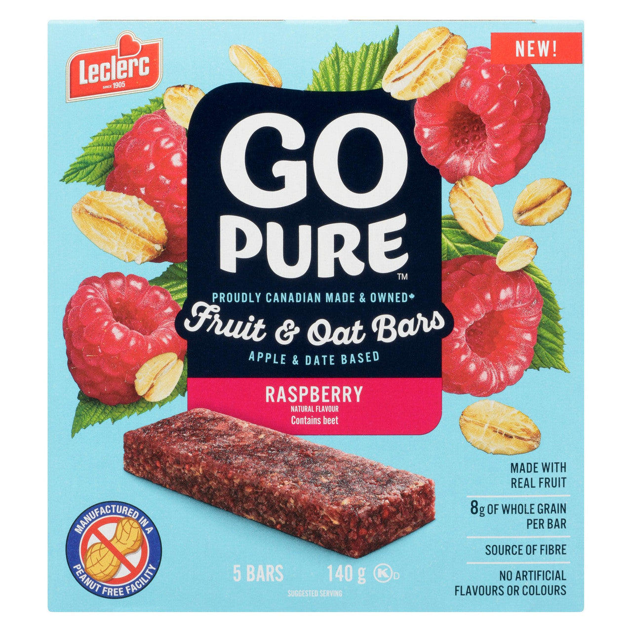 Leclerc Go Pure Raspberry Fruit & Oat Bars, 140g/5 oz. Box {Imported from Canada}
