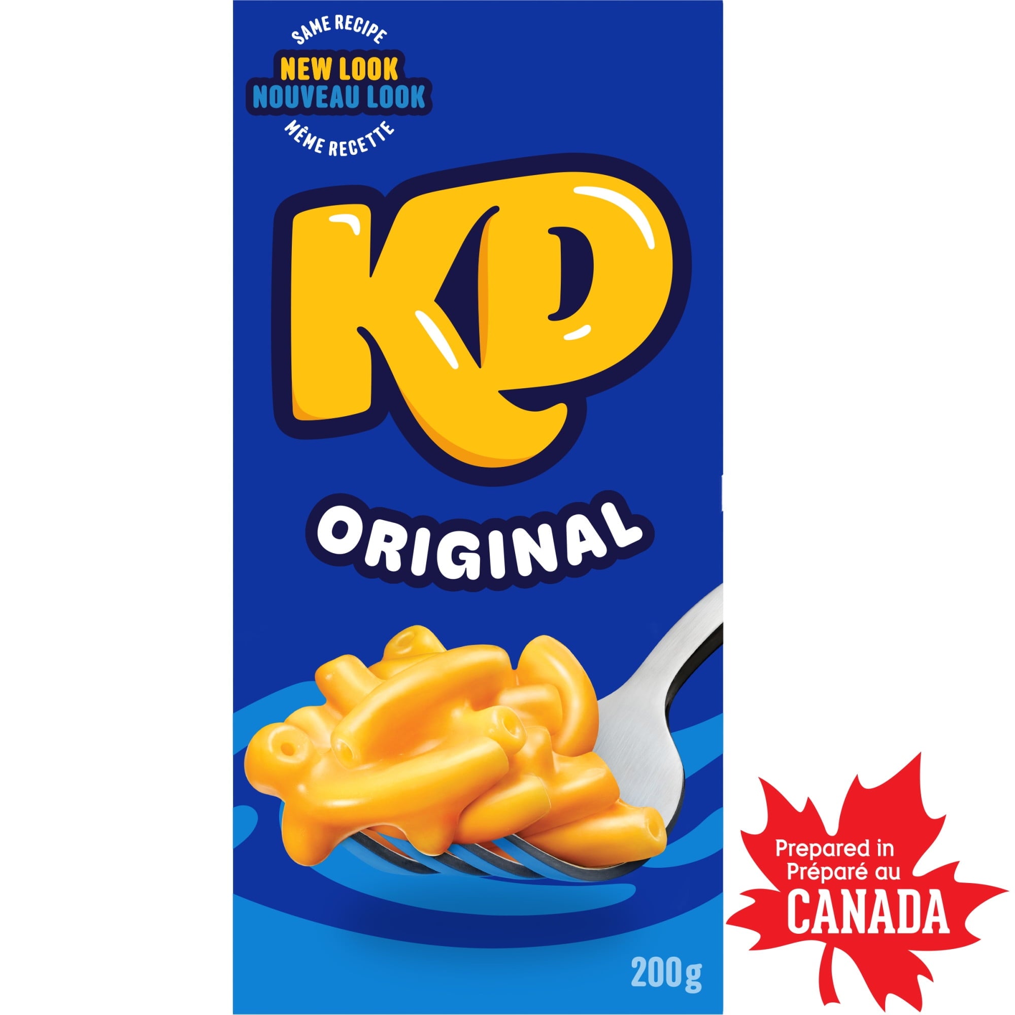 KD Kraft Dinner Original Macaroni and Cheese Dinner, 200g/7.05 oz with a forkful of pasta on a blue background.