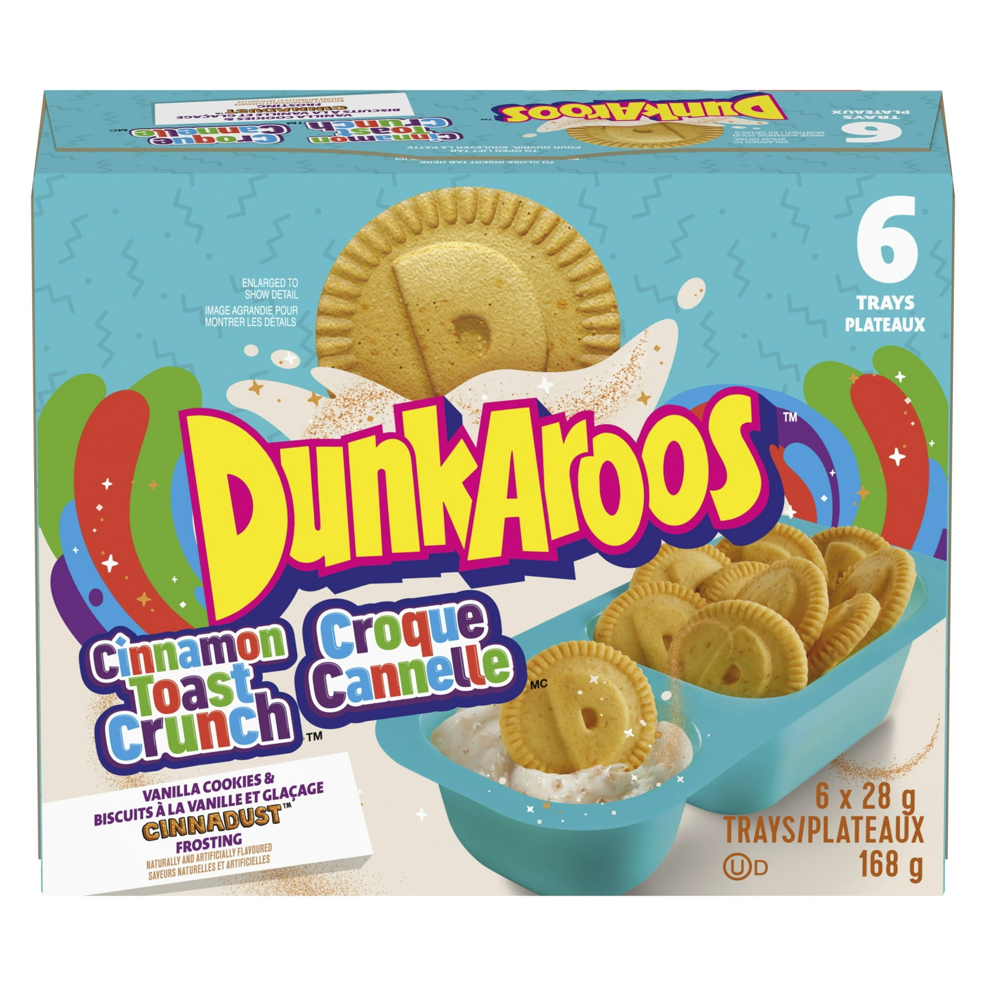 DunkAroos, Cinnamon Toast Crunch Vanilla Cookies and Cinnadust Frosting, 6 x 28g, front of box.