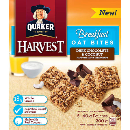 Quaker Breakfast Oat Bites, 5 x 40g Pouches, Dark Chocolate & Coconut, 200g/7.1oz, Box {Imported from Canada}