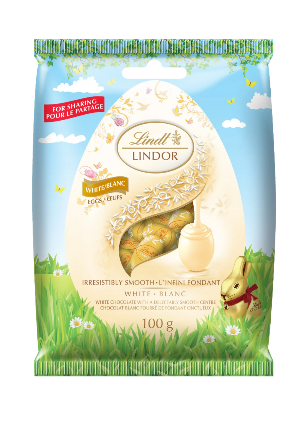 Lindt Lindor White Chocolate Eggs, 100g/3.5 oz. - Front Of Bag