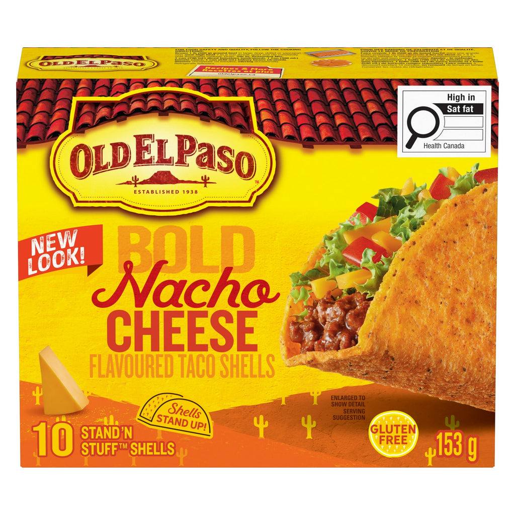 Box of Old El Paso Bold Nacho Cheese flavored taco shells with a taco and cheese on a yellow background.