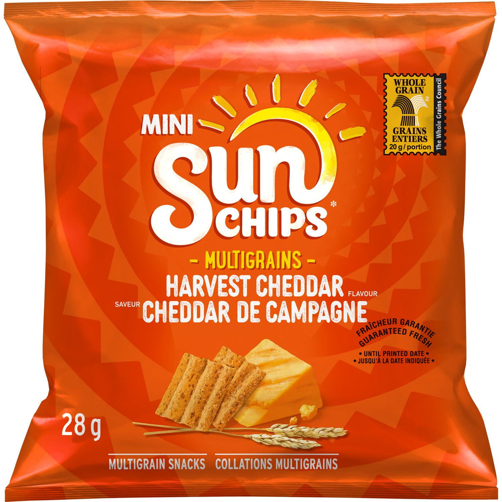 Frito-Lay Chips Variety Pack, Cheesy Mix, (Doritos Zesty Cheese, Lays Cheddar Jalapeno, Cheetos Cheese Puffs & Sun Chips Harvest Cheddar Flavors), (16ct x 28g), 448g, front of SunChips harvest cheddar bag.