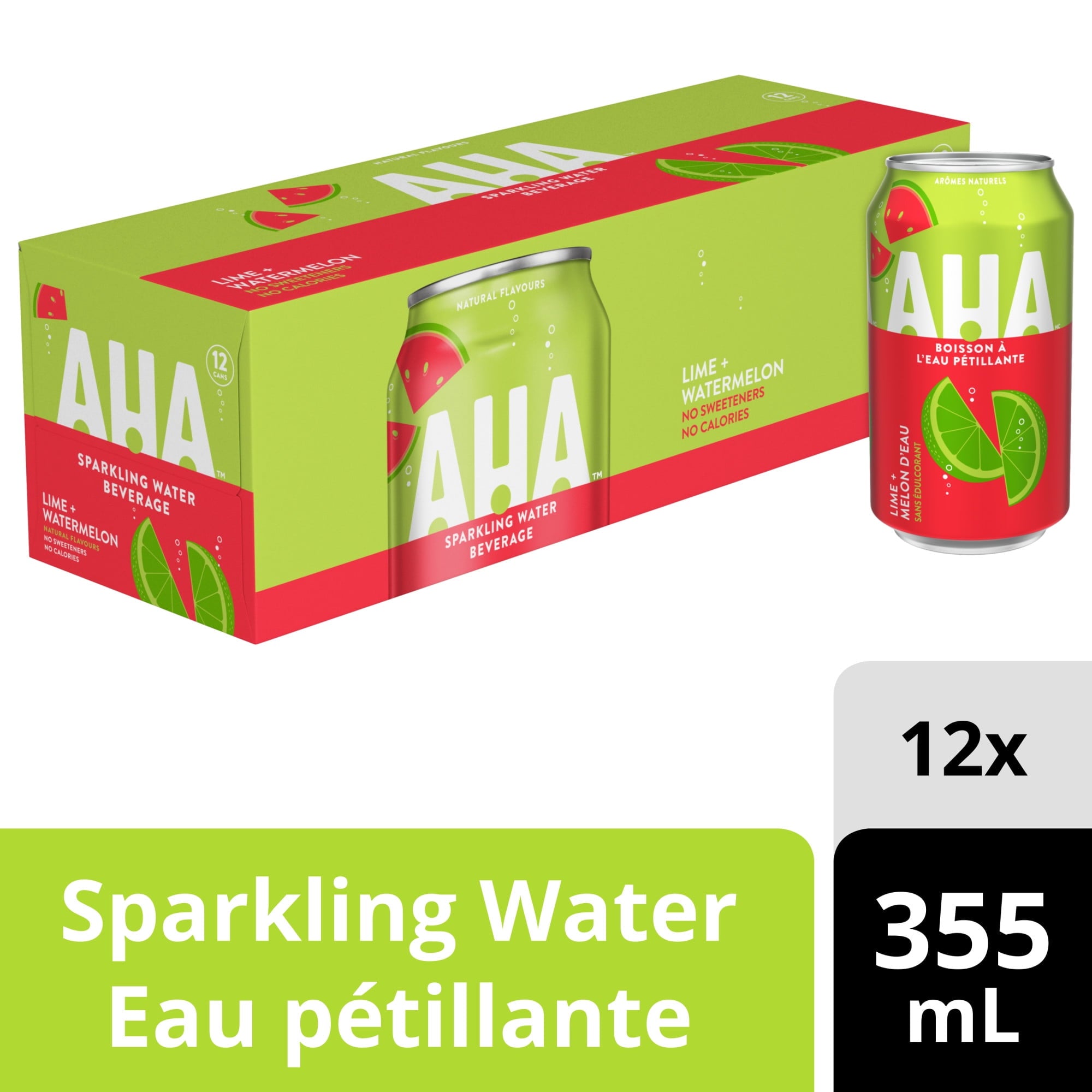 AHA sparkling water beverage packaging with a can and box on a white background