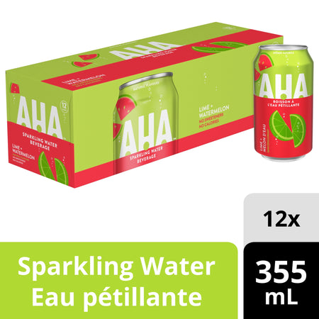 AHA sparkling water beverage packaging with a can and box on a white background