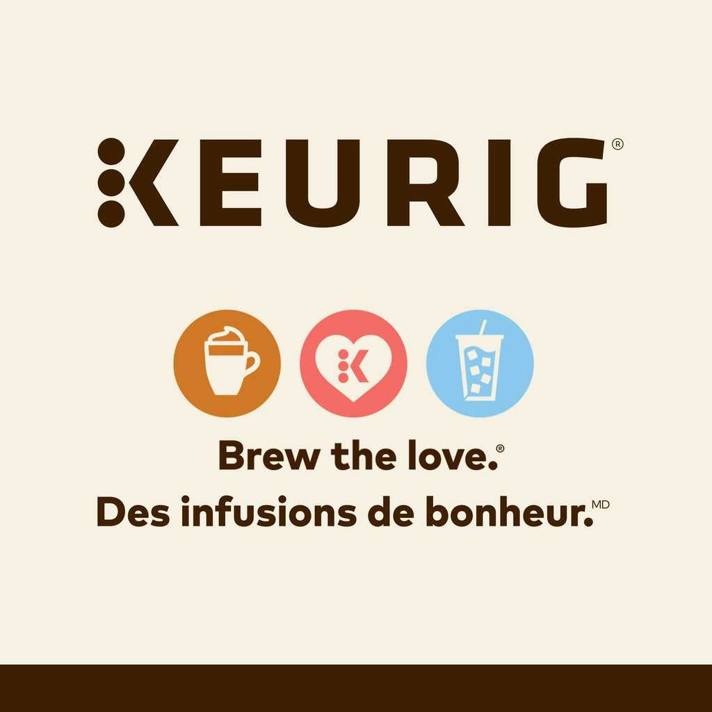 Keurig logo with brand name and tagline on a beige background