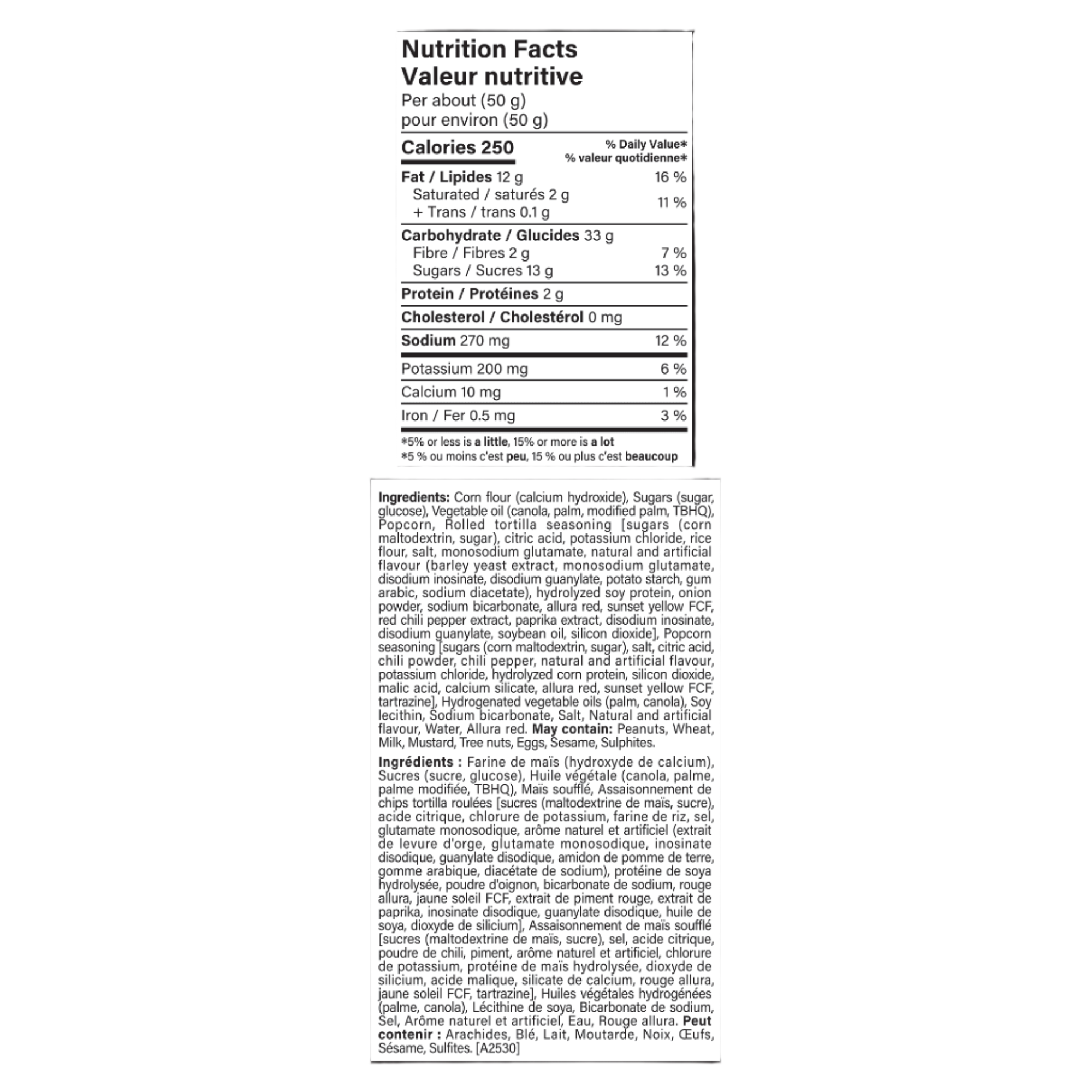 Nutrition facts label and ingredient list of TAKIS Duos Fuego Tortilla Chips, 198g/6.9 oz on a white background