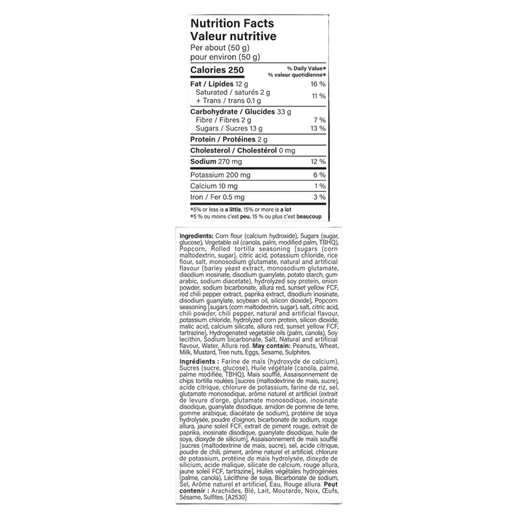 Nutrition facts label and ingredient list of TAKIS Duos Fuego Tortilla Chips, 198g/6.9 oz on a white background