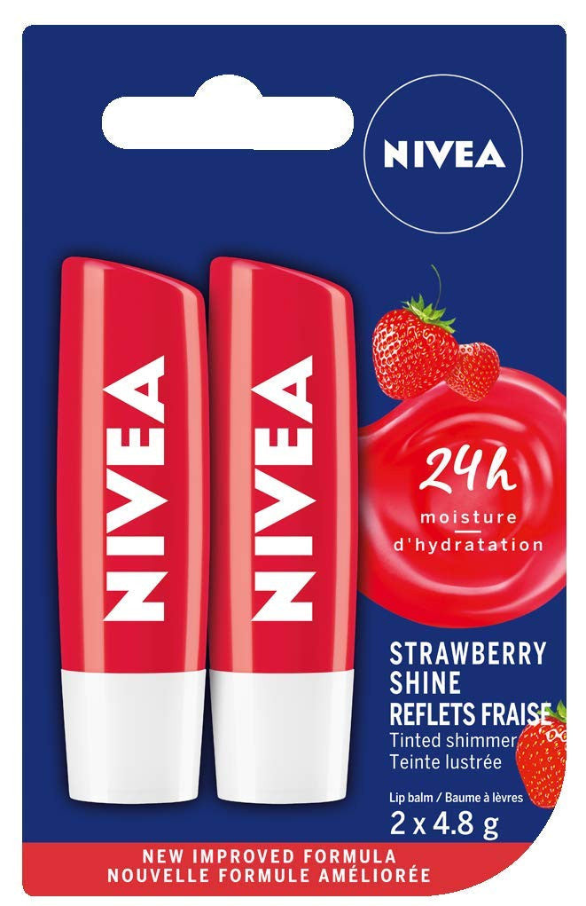 NIVEA Strawberry Shine Tinted Caring 24H Moisture Lip Balm Sticks, Duo Pack, (2 x 4.8g)