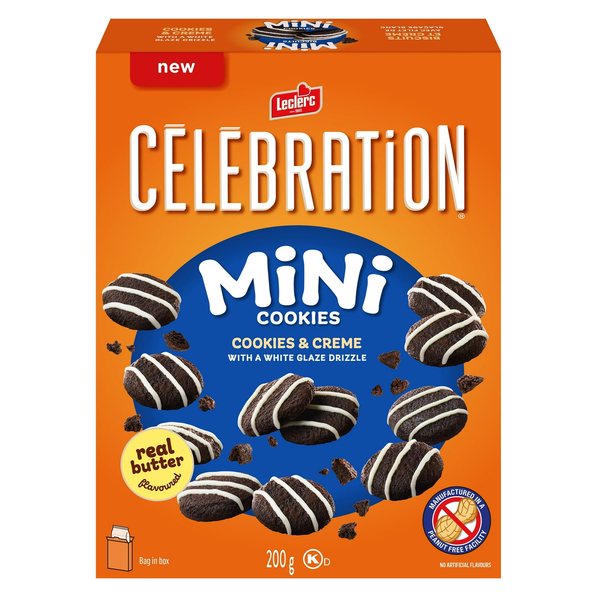 Box of Leclerc Celebration Mini Cookies with a white glaze drizzle on an orange background