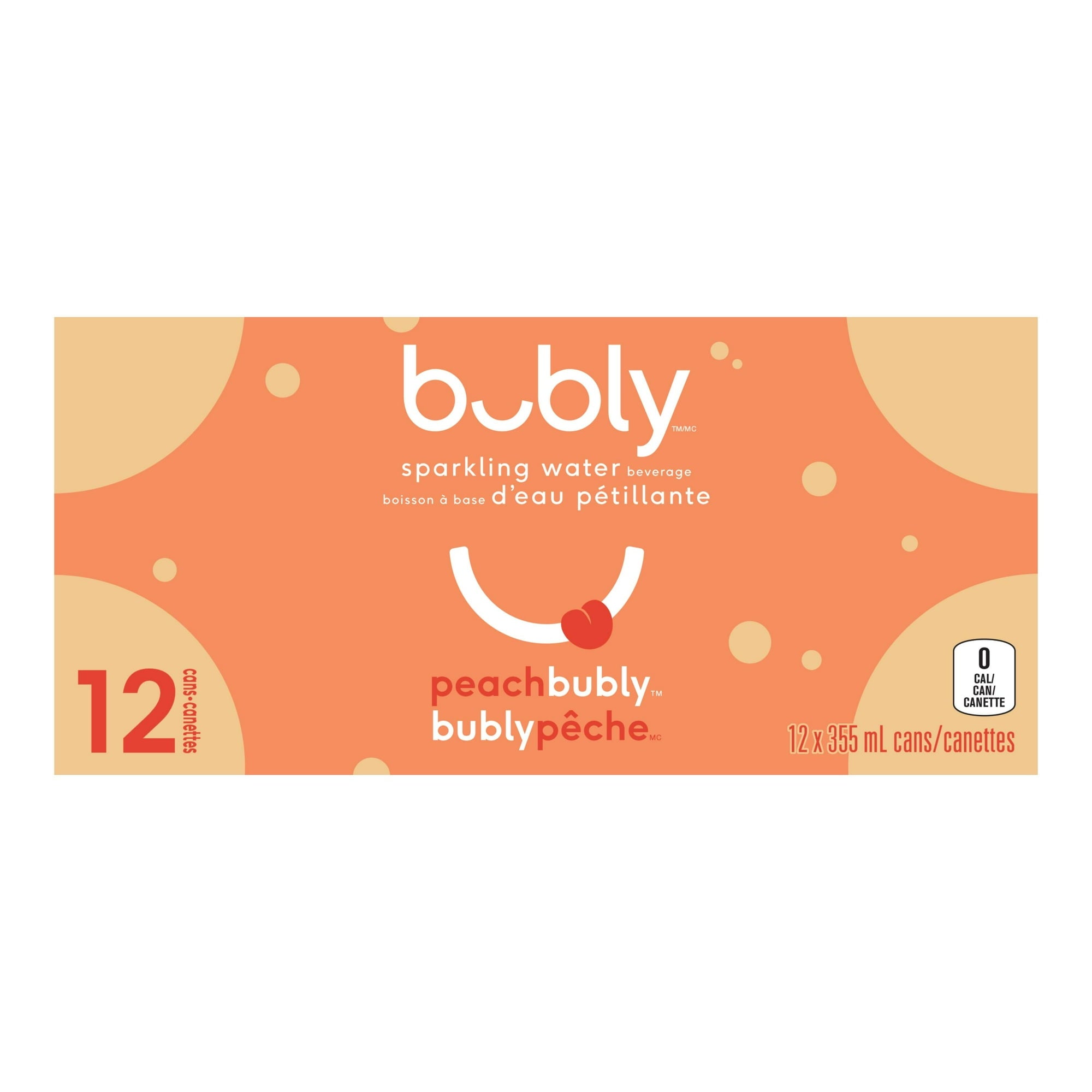 Front of Bubly Peach Sparkling Water Beverage, 12x355ml cans, 4.26L/144 oz in French