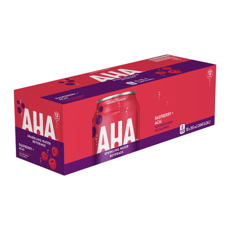Box of AHA Raspberry Acai sparkling water on a white background