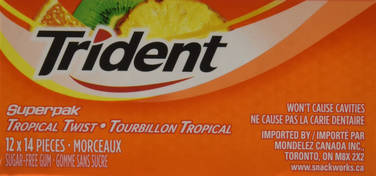 Trident Sugar Free Tropical Twist Gum Superpak, 12 Pack (14 Pieces Each) {Imported from Canada}