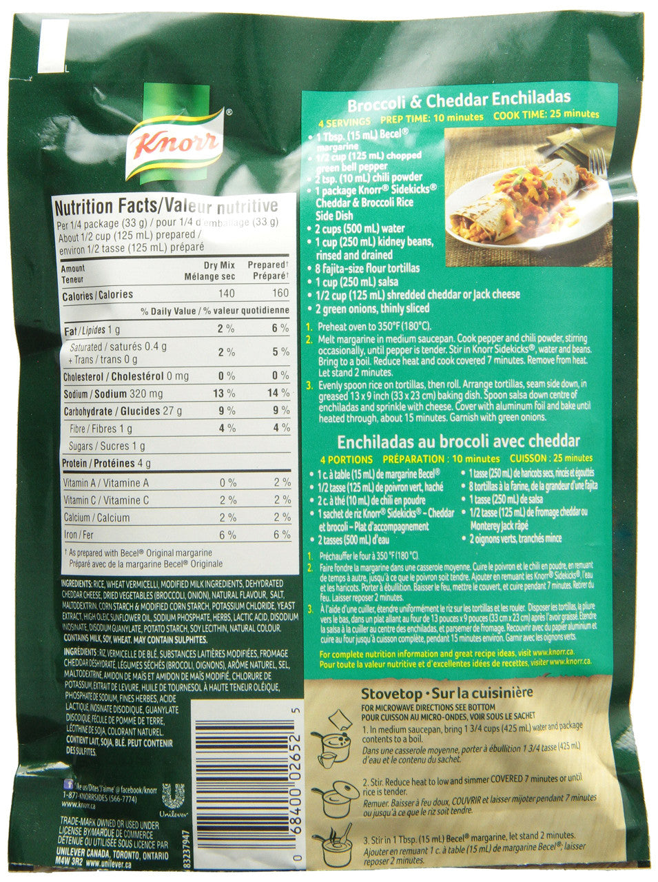 Sidekicks Rice Knorr Sidekicks Cheddar Broccoli Rice Vermicelli Side Dish, 8ct/130g