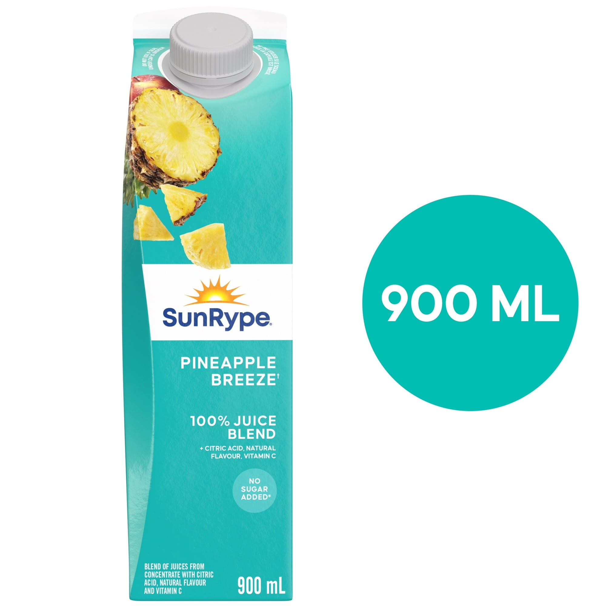 SunRype Fruit Juice, Pineapple Breeze, 900ml/30.4 fl. oz. Carton, front of carton