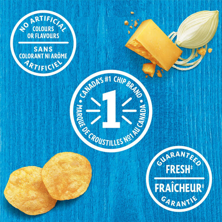 Chips with branding elements on a blue background