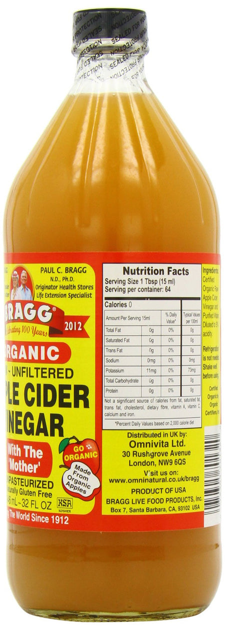 Bragg Organic Raw Apple Cider Vinegar, 946ml/32oz., {Imported from Canada}