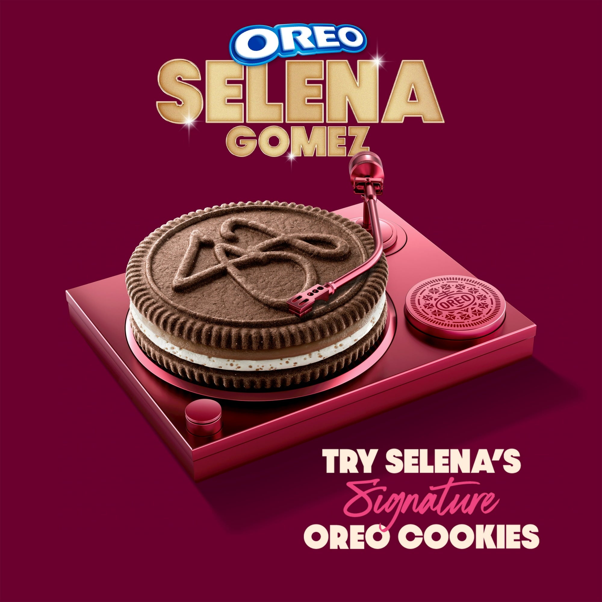 Oreo SELENA GOMEZ Chocolate & Cinnamon Creme Sandwich Cookies, 303g/10.6 oz - OREO Selena Gomez cookies on a turntable with pink and purple background