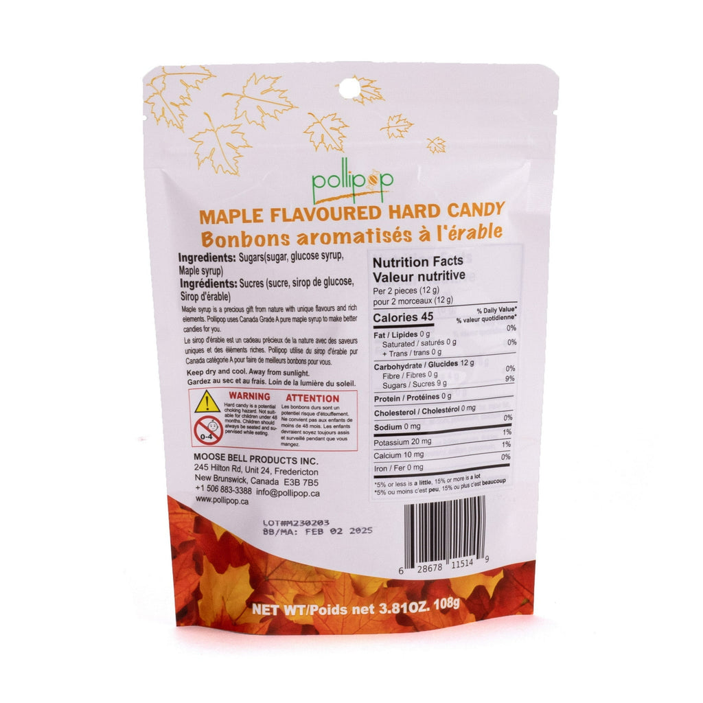 Pollipop Maple Flavored Hard Candy, 108g/3.8 oz. - Back Of Bag