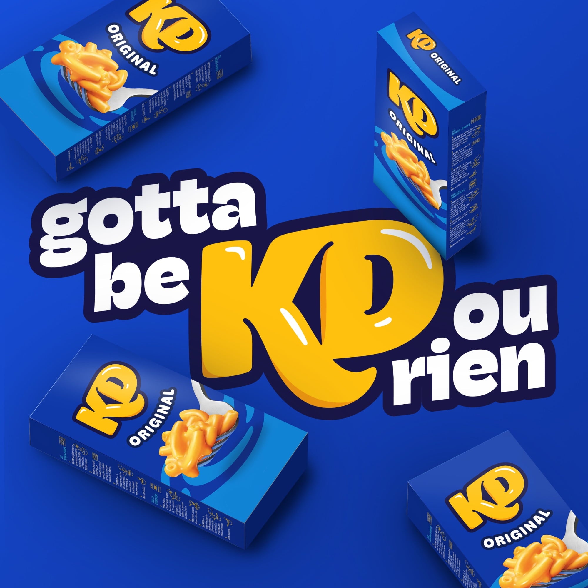 Blue boxes of KD Original with yellow text and graphics on a blue background
