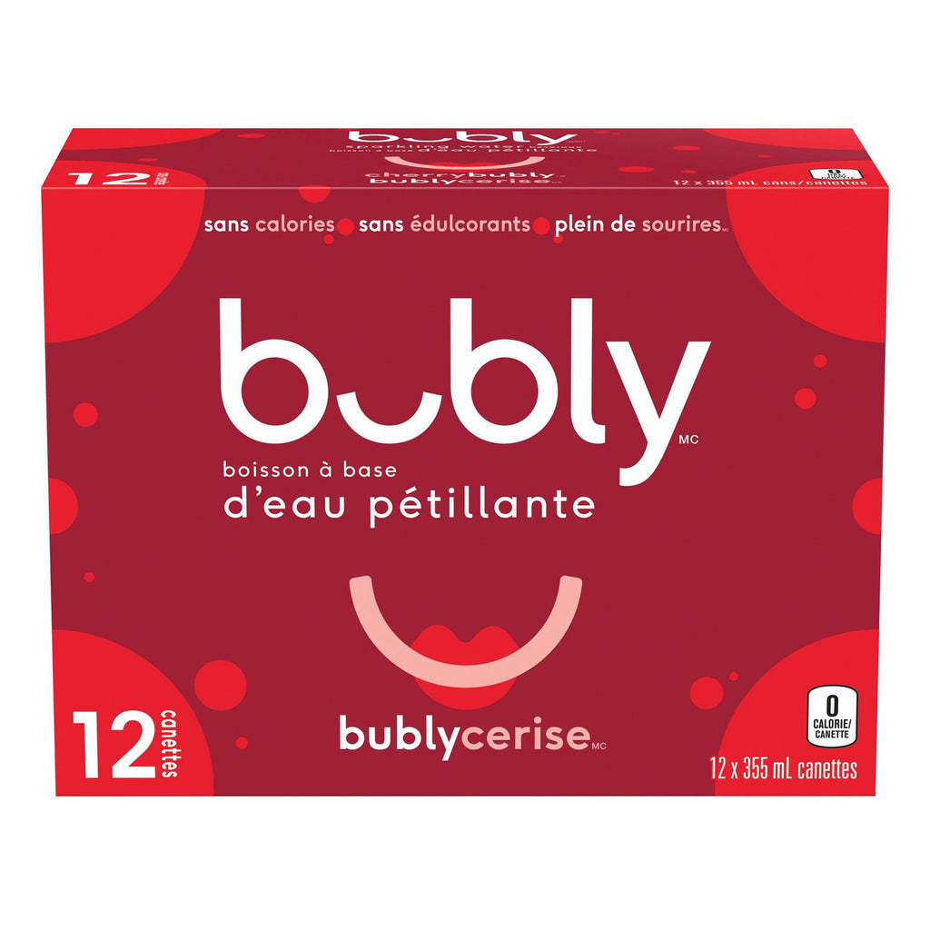 Bubly Cherry Sparkling Water Beverage, 12x355ml cans, 4.26L/144 oz., back of package.