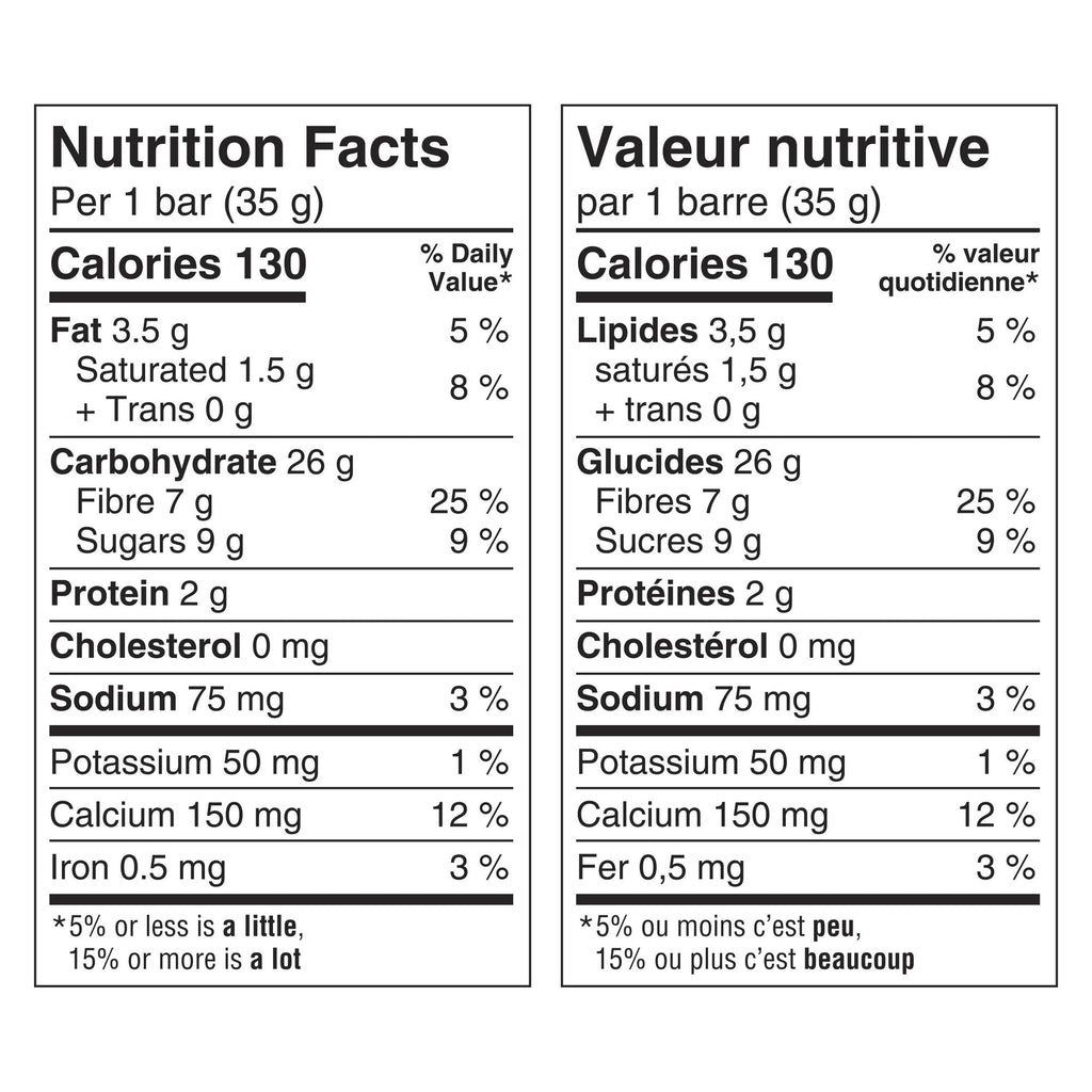 Fibre 1 Chewy Oats & Chocolate Bars, 24 Bars, 840g/1.8 lbs. Box - Nutrition Facts Label