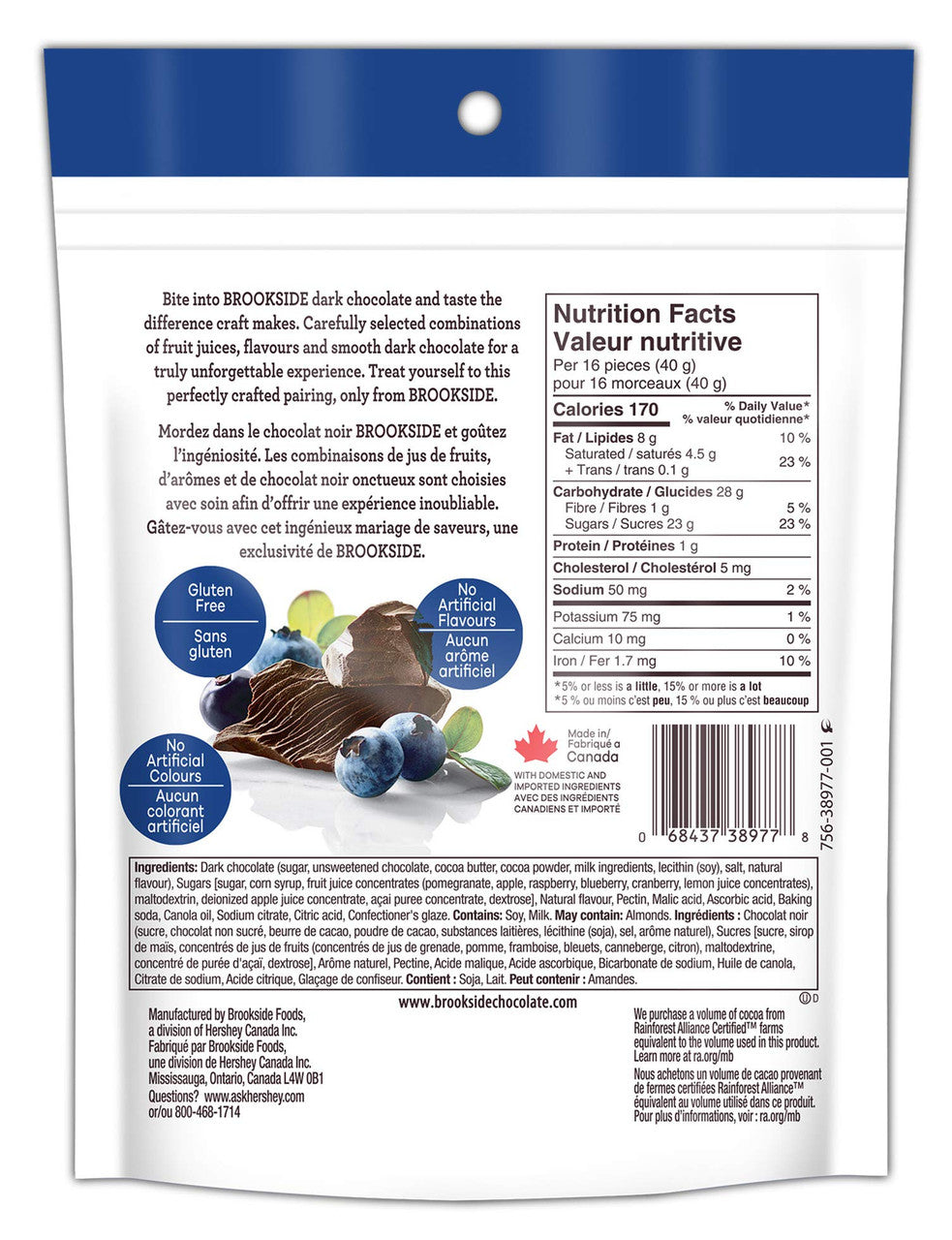 BROOKSIDE  Dark Chocolate, Acai Blueberry, 235g/8.3oz., {Imported from Canada}
