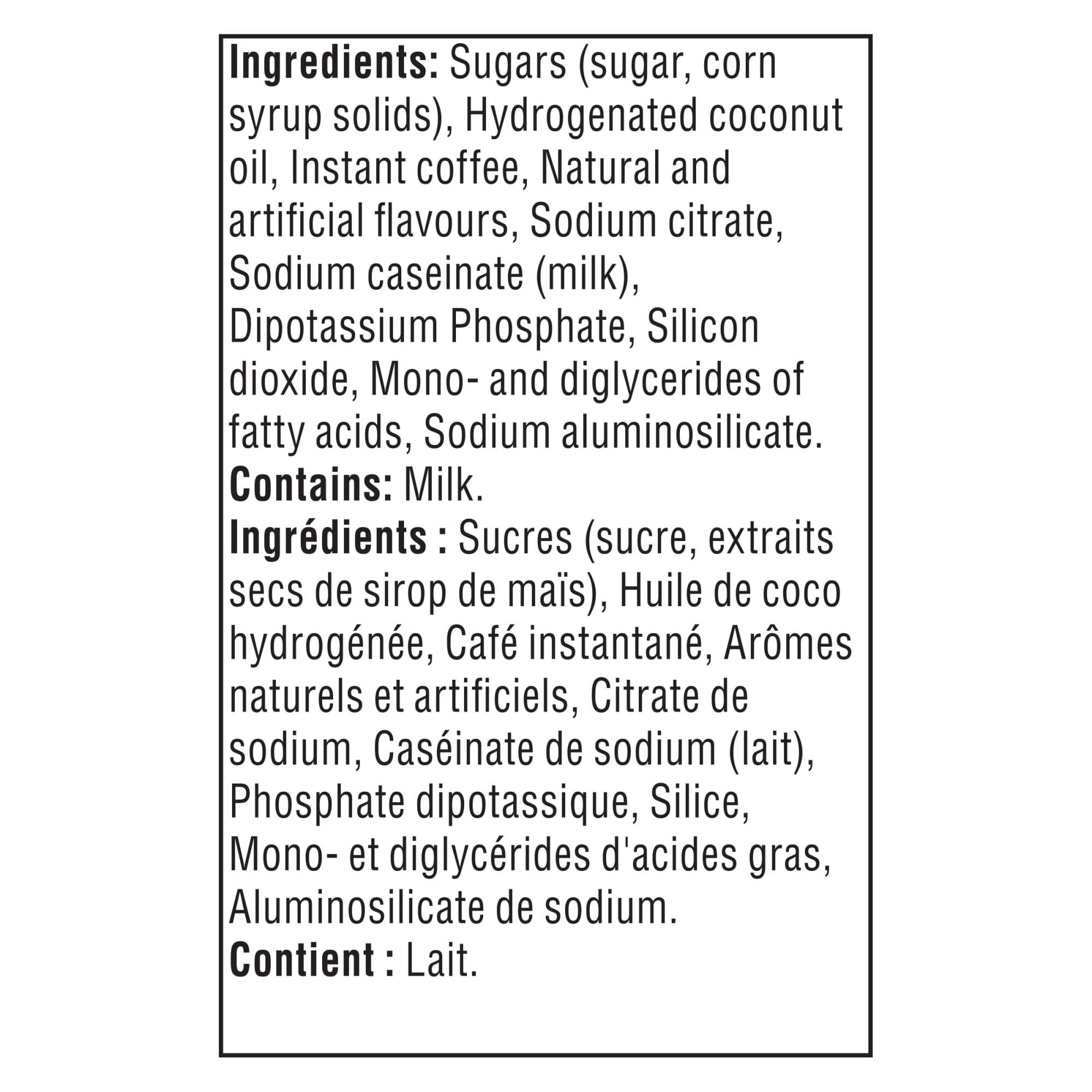 List of ingredients and allergens for Maxwell House Hazelnut Cafe Instant Coffee Beverage Mix on a product label.
