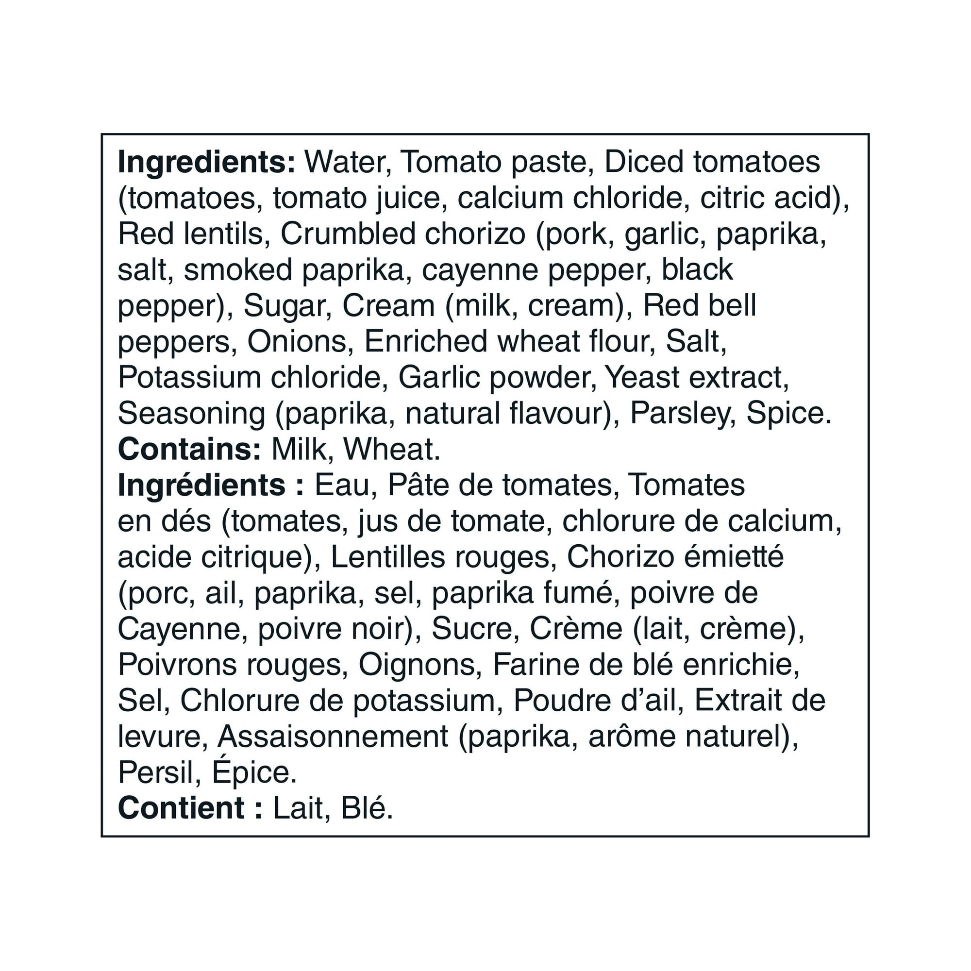 List of ingredients for Our Finest Mild Tomatoes, Lentils & Chorizo Ready-To-Serve-Soup, Spanish Cuisine - 540mL on a white background