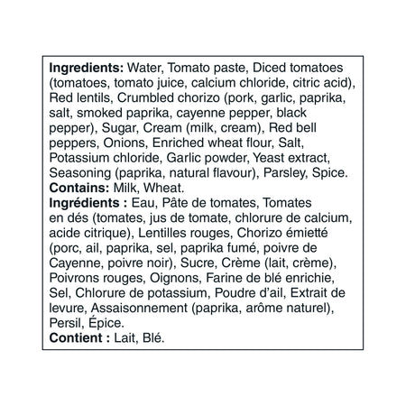 List of ingredients for Our Finest Mild Tomatoes, Lentils & Chorizo Ready-To-Serve-Soup, Spanish Cuisine - 540mL on a white background