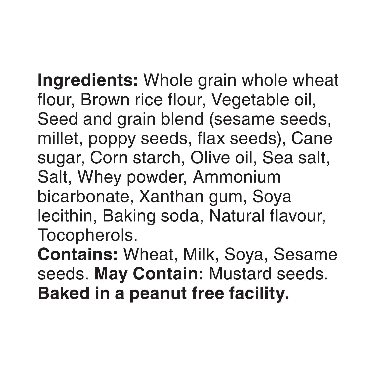 Ingredients list for Dare Breton Simple Goodness Sea Salt & Olive Oil Crackers, Vegetarian Snack, 180g/6.3 oz on a white background