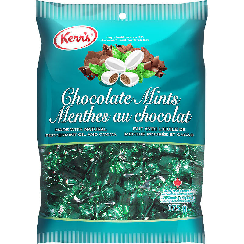 Kerr's Chocolate Mint Candy, 175g, front of bag.