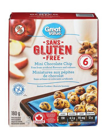 Great Value Gluten Free Mini Chocolate Chip Cookies, 180g/6.3oz.,{Imported from Canada}