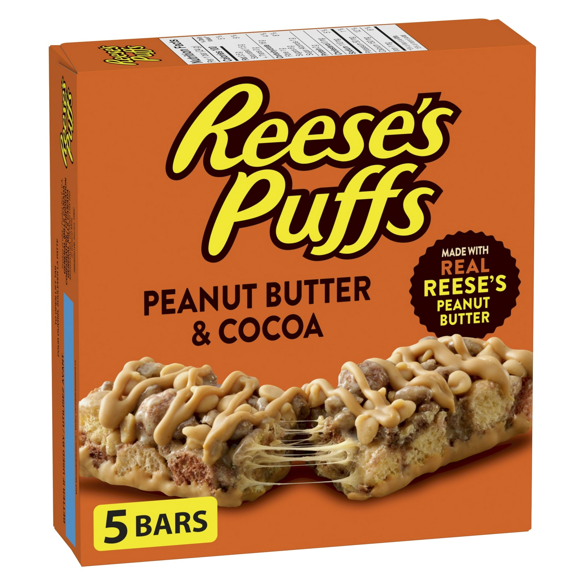 Reese's Puffs Peanut Butter & Cocoa Flavor Cereal Bars, Pack of 5 Bars, 120g/4.2 oz., Box, front of box. 