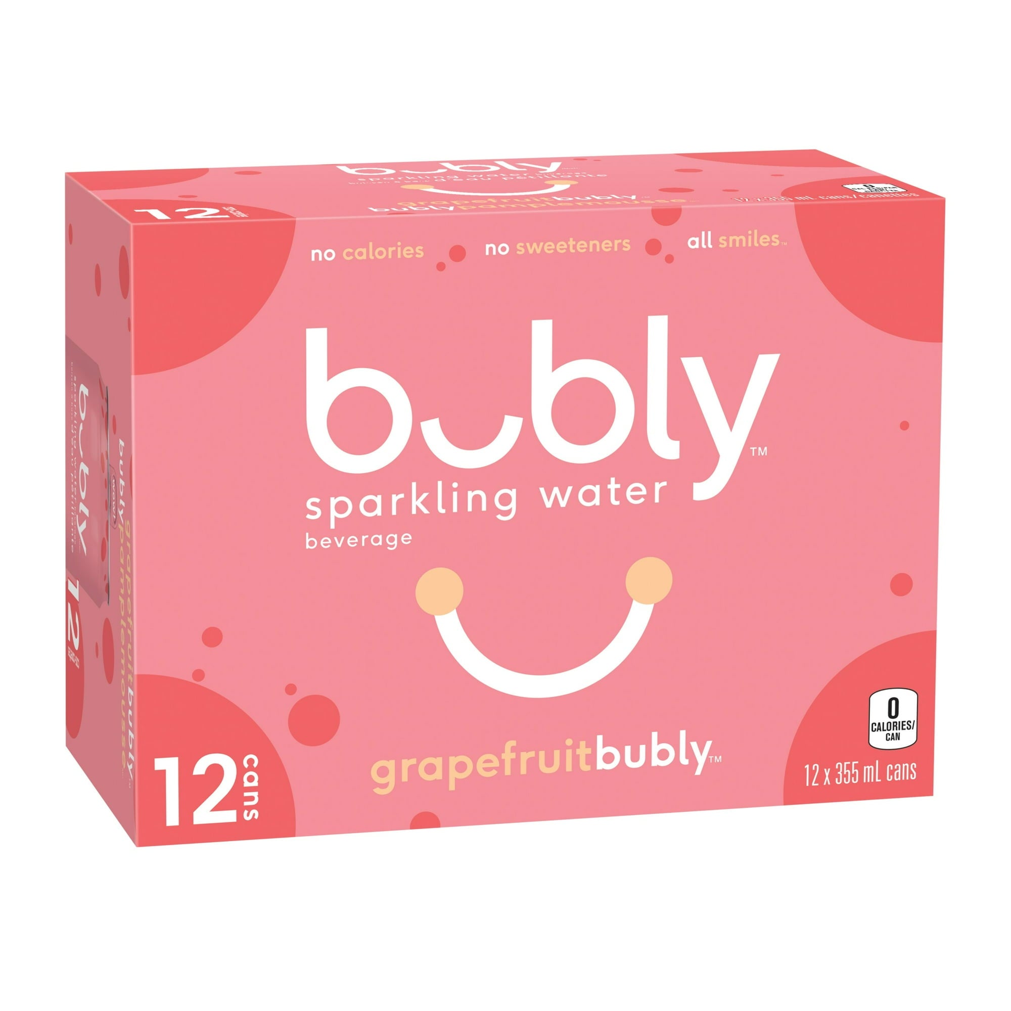 Front of Bubly Grapefruit Sparkling Water Beverage, 12x355ml cans, 4.26L/144 oz