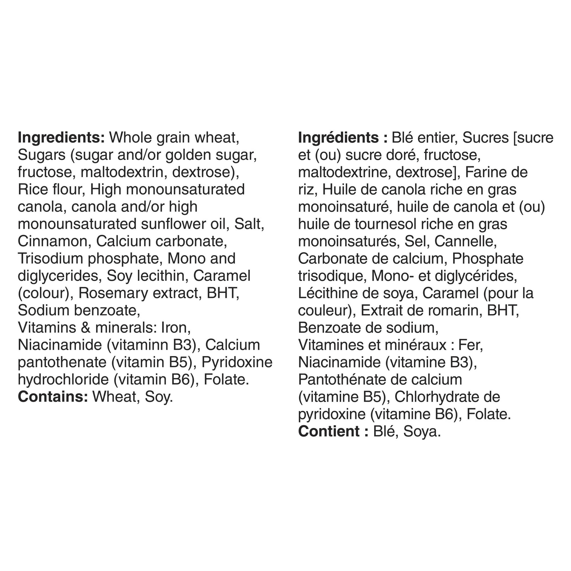 Ingredients list for Cinnamon Toast Crunch Breakfast Cereal, Jumbo Size, 830g/29.2 oz on a white background with text in two languages.