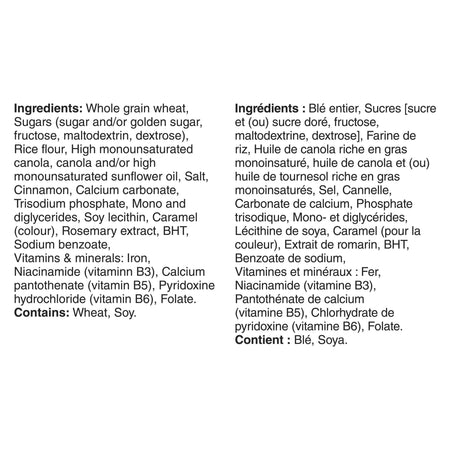 Ingredients list for Cinnamon Toast Crunch Breakfast Cereal, Jumbo Size, 830g/29.2 oz on a white background with text in two languages.